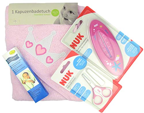Babyset Geschenkset für Babys - 4-teilig Badetuch Badethermometer Nagelschere Fieberthermometer (Rosa - Mädchen) Cover