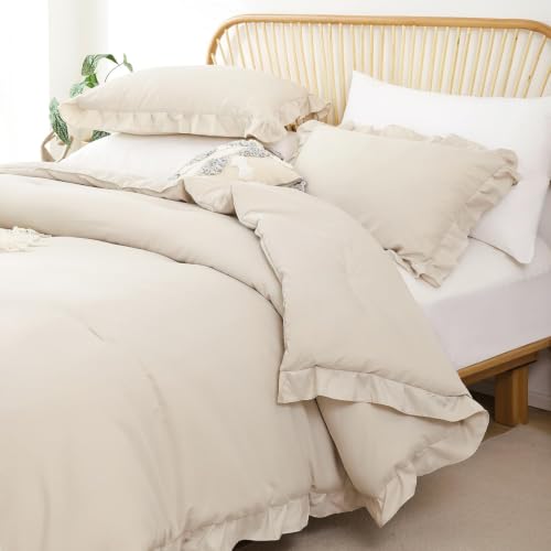 Image of JANZAA Beige Comforter Set Queen - Soft Microfiber, Lightweight All Season Bedding, Ruffle Shabby Chic Aesthetic, Breathable Cozy Bed Set with 2 Pillow Shams, Machine Washable
