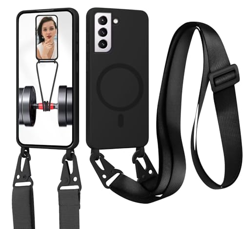 xinyunew Cordon de Coque Compatible avec Samsung Galaxy S21 Compatible avec MagSafe Coque,Collier Étui Silicone Liquide avec Tour de Cou Lanière en Corde Souple TPU Antichoc Housse-Noir