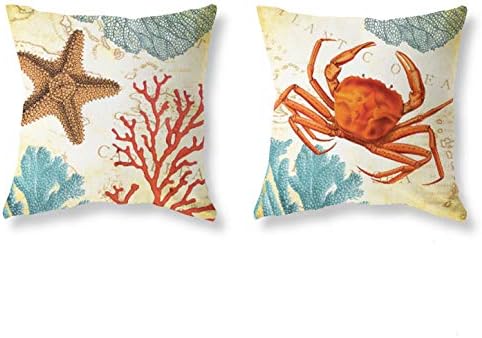 LuckyCow Throw Pillow Covers 18x18 Inch Set of 2 - Cotton Linen Ocean Starfish Crab Game Pillow Covers, Decorative Pillowcase for Home Sofa Bedding Couch Outdoor Cushion Covers.