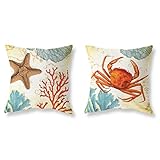 LuckyCow Throw Pillow Covers 18x18 Inch Set of 2 - Cotton Linen Ocean Starfish Crab Game Pillow Cove