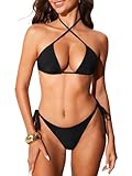 DOBREVA Women's Two Piece Swimsuit Triangle Bikini Sets String Ribbed Sexy Bathing Suit Halter Swimwear Black Large