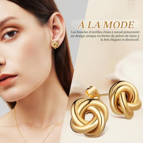 Warmhm 1 Paire Boucles Oreilles Nœud Chunky pour Femmes Boucles Oreilles Acier Inoxydable Doré Élégantes et Légères Parfaites pour Toutes Occasions et – vue 3