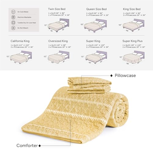 Image of Yellow Oversized Super King Quilt Set, 3 Pieces Striped Bedspread | Boho Soft Lightweight Yellow Printed Bohemian Polyester Reversible Coverlet Comforter Sets for All Season (120 inchx120 inch)