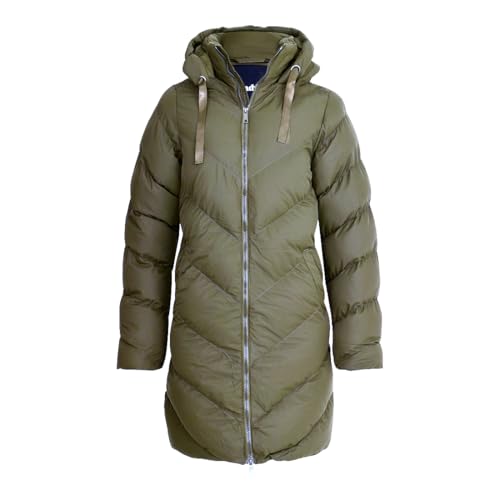Spindle Womens Mid Length Padded Coat Pocket Quilted Puffer Jacket with Hood Khaki M