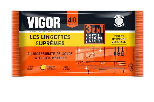 Vigor Les Lingettes Suprêmes x40 | Nettoie, Dégraisse et Parfume | Formule au Bicarbonate de Soude & Alcool Ménager | Parfum Citron | X40 Lingettes