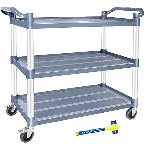 AQNIEGEP Utility Carts with Wheels, Large Food Kitchen Cart Heavy Duty, Rolling Service Cart w/Hammer for Restaurant, Office, Commercial, 600lbs Capacity, Lockable Wheels, 3-Tier