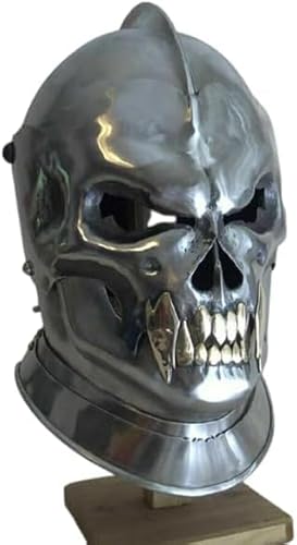 41a2TBj AdL. SL500 GO NAUTICAL INSTRUMENTS Medieval Demonic Skull Face Battle-Ready Knight Helmet 18 Gauge Steel Halloween Wearable Costume, adults, Silver & Gold