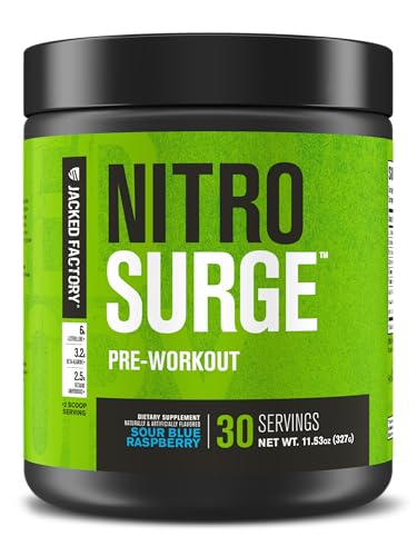 Image of Jacked Factory NITROSURGE Pre Workout Supplement - Endless Energy, Instant Strength Gains, Intense Pumps - NO Booster & Powerful Preworkout Energy Powder - 30 Servings, Sour Blue Raspberry