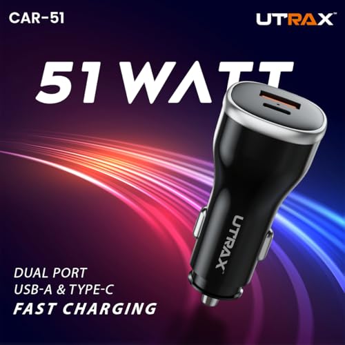 Image of UTRAX 51W Fast Car Charger with 33W PD & 18W QC | Dual Port All Protocol Charger for Car | Type-C Power Delivery & USB Quick Charge | Black | 1 Year Warranty (51W (with Type C to Type C Cable))