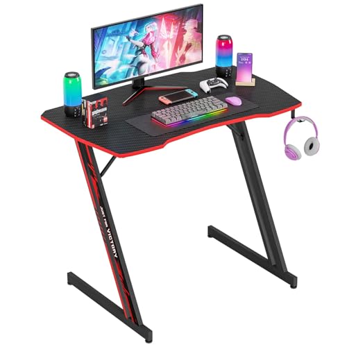 Image of Gmaing Desk 35.4in PC Computer Desk, Blue Ergonomic Gaming Table Z Shaped Gaming Workstation with Headphone Hook for Home Office