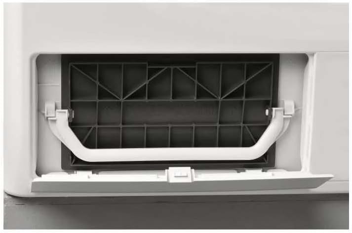 Close-up view of the condenser filter access panel at the bottom of the dryer