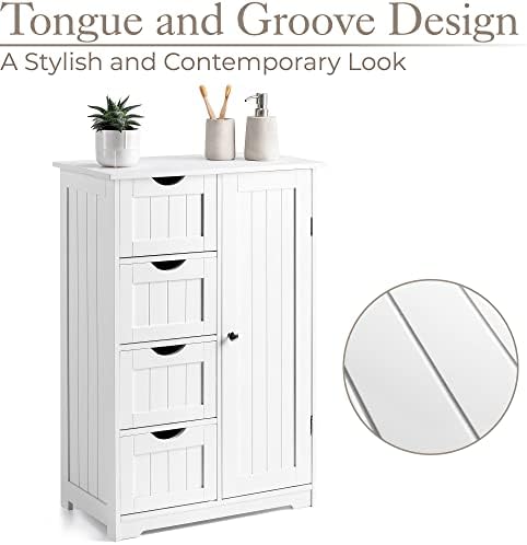 CHRISTOW Bathroom Cabinet Floor Standing, Wooden White 4 Drawer Storage Cupboard Unit With Shelf