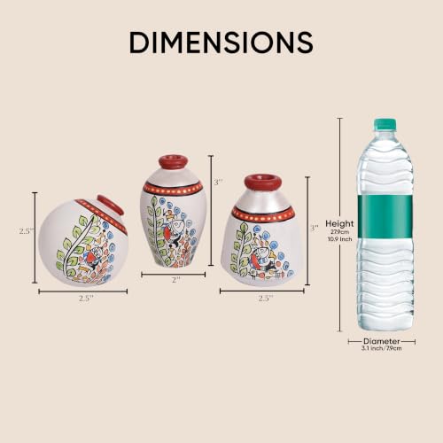 Image of Aakriti Art Creations Vase Earthen Miniatures Silver Madhubani Set of 3 | Hand-Painted Terracotta Flower Vases | Matte Finish Decorative Vases for Living Room, Table Decor & Gifting