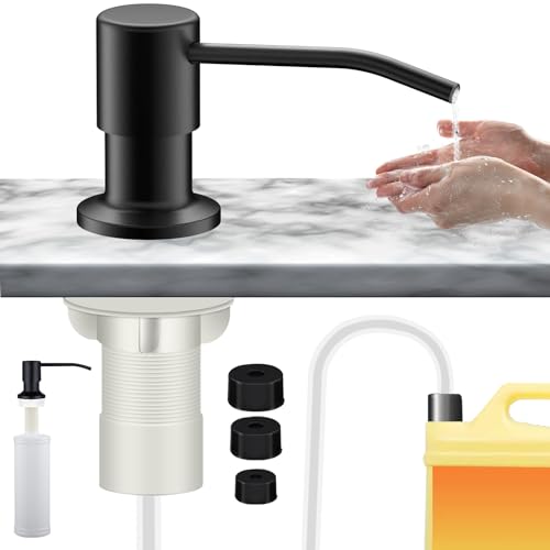 Dispensador de jabón para cocina empotrable, dispensador de detergente para cocina con acero inoxidable 360°, bomba giratoria de 300 ml, botella de 330 ml, manguera de extensión de 1 m (negro)