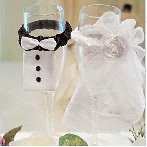 Wedding Wine Glasses Covers, 1Pair Bride and Groom Wedding Champagne Toasting Flute Cup Covers, DIY Decoration Supplies for Wedding (White+Black)