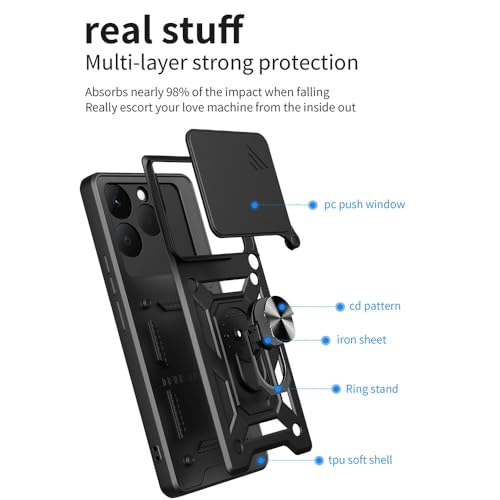 Image of Heavy Duty Back Case Cover for Realme 15T 5G, Shockproof Realme 15T Back Cover, Ring Case with Kickstand and Camera Protection Shutter - Black