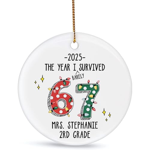 Custom Teacher 6 7 Ceramic Ornament - Funny Six Seven Gift for Teacher from Student, 67 Meme Keepsake, Cute Elementary Teacher Christmas Decoration (01)