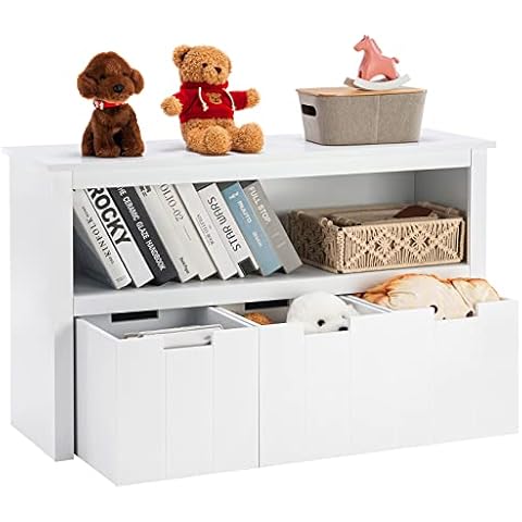 APICIZON Kids Toy Storage Organizer with Bookshelf, Play Room Storage Cabinet with Wheels and Large Storage Drawers for Children, White Cover