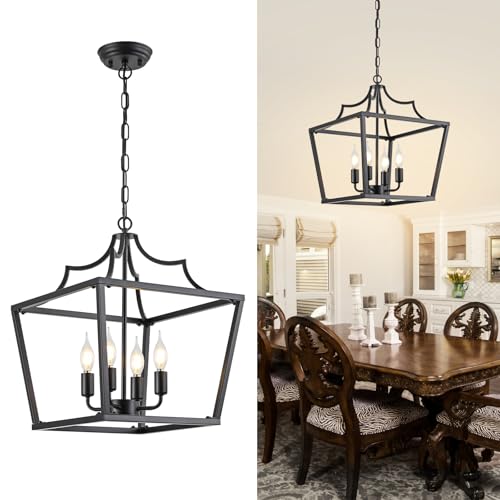 KEESFU Black Industrial Chandelier for Dining Room,4 Light Lantern Chandelier Pendant Light Fixture,Adjustable Height Cage E12 Hanging Ceiling Light for Dining Room Living Room Foyer Kitchen Island.