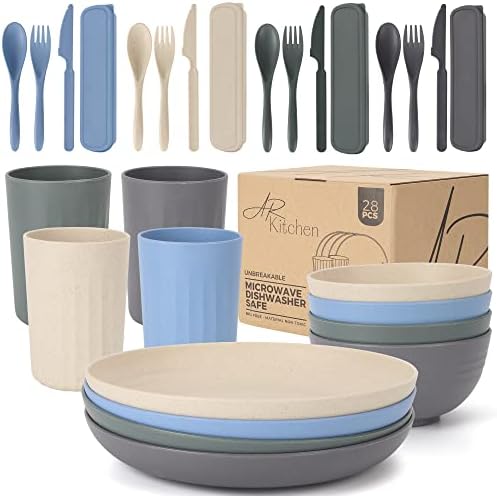 AR Kitchen Wheat Straw Dinnerware Set – 28-Pcs Unbreakable Dinnerware Set with Plates, Bowls, Cutlery, Drinking Cups – Eco-Friendly Natural Wheat Straw – Non-BPA Food-Grade Microwave-Safe Dinnerware