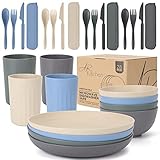 AR Kitchen Wheat Straw Dinnerware Set – 28-Pcs Unbreakable Dinnerware Set with Plates, Bowls, Cutler