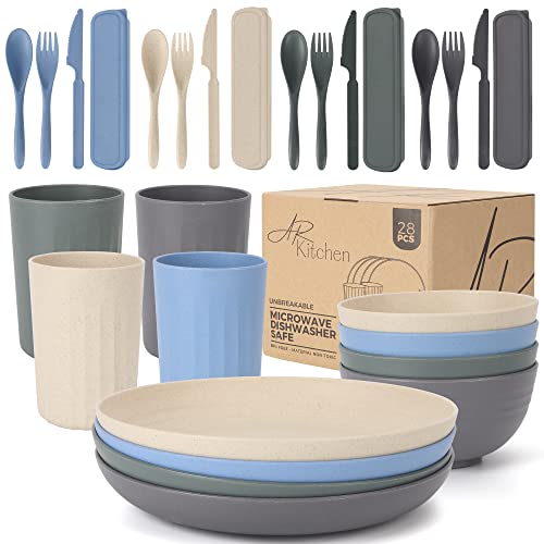 Ar Kitchen Wheat Straw Dinnerware Set – 28-Pcs Unbreakable Dinnerware Set With Plates, Bowls, Cutlery, Drinking Cups – Eco-Friendly Natural Wheat Straw – Non-Bpa Food-Grade Microwave-Safe Dinnerware #TOP13