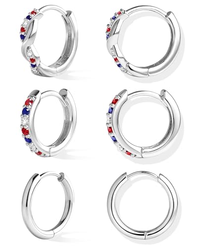 Inerney Sterling Silver Red White and Blue Earrings for Women, 4th of July Patriotic Earring USA American Flag Independence Day Outfit Accessories, 925 Dainty Small Huggie Hoops Jewelry Set Gift