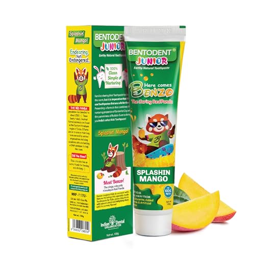 Bentodent Fluoride Free Kids Toothpaste - Natural Calcium Bentonite Clay Toothpaste - SLS Free, Fresh Breath, Plaque Removal by Brushing (Mango)