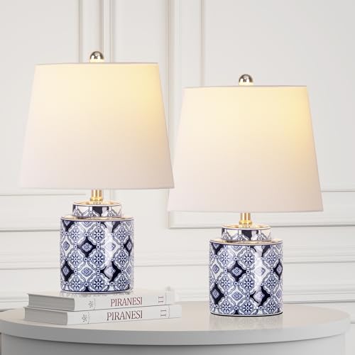 QiMH Ceramic Table Lamps Set of 2, Traditional Bedside Lamps for Bedroom, Blue & White Table Lamps Cute Ginger Jar Style, Nightstand Lamps for Living Room Home Office Bookcase Study (Including Bulbs)