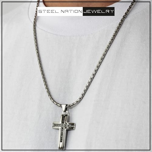 Men’s 0.25 CTW Black Diamond Cross Pendant Necklace in Stainless Steel with 24 Inch Rolo Chain, Modern Jewelry Gift for Him2