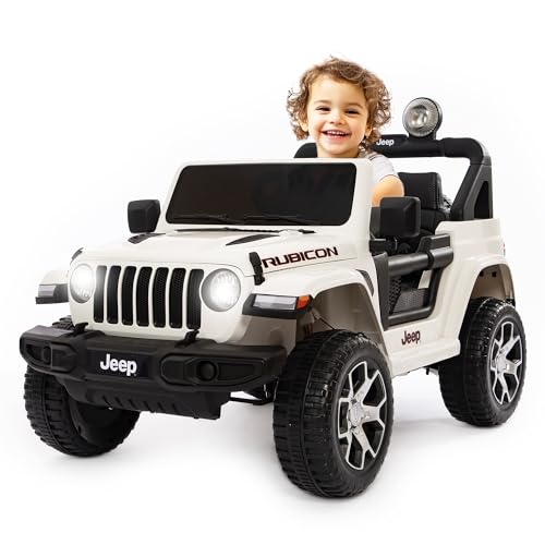 BabyCar Jeep Elettrica Per Bambini | Auto con Sedili in Pelle, Porte Apribili, MP3/USB/Micro SD | Macchina Elettrica per Bambini 12V con 2 Motori 35W | Licenza Ufficiale Jeep | Bianco
