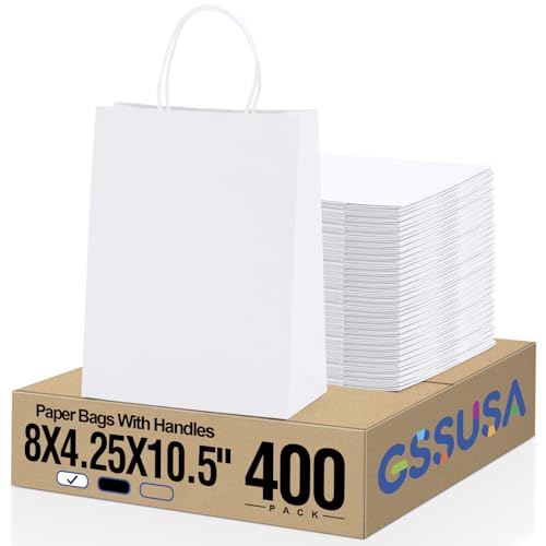 GSSUSA 400 Pack 8x4.25x10.5'' Paper Bags with Handles Bulk, White Paper Gift Bags for Small Business