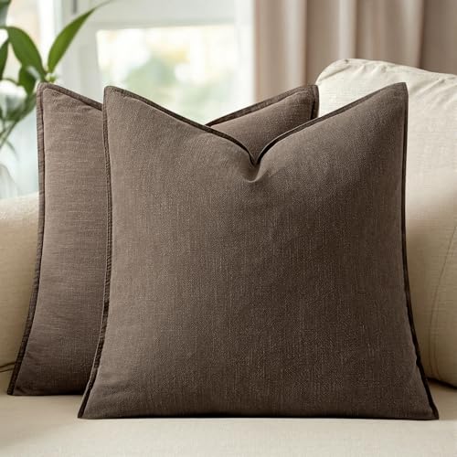 Image of 24x24 Inch Set of 2 Decorative Linen Solid Throw Pillow Covers Boho Accent Farmhouse Couch Pillowcases Modern Netural Euro Home Decor for Couch Sofa Living Room Bed,Dark Coffee