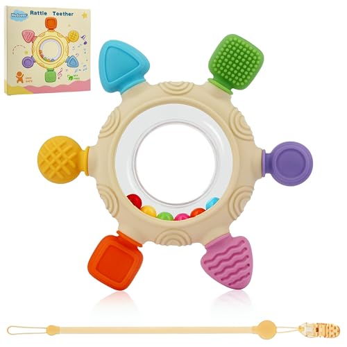 Baby Teething Toys for 0-12 Months- Silicone Rudder Teether Toy with Rattle Rings – BPA Free Sesory Montessori Toy for Soothing Sore Gums & Pain Relief – Easy to Clean Baby Shower Essentials Xmas Gift