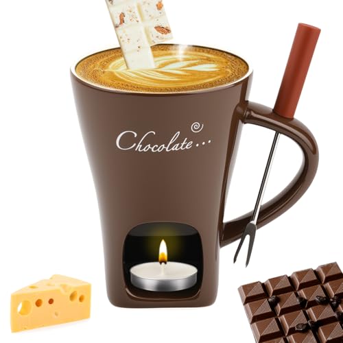 Fondue Mug with Forks Chocolate Melting Cup Ceramic Mini Tealight Pot for Cheese Candy Coffee Warmer Camping Date Movie Night Birthday Wedding Desserts (Chocolate)