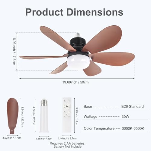 We Charger Socket Fan Light, Light Bulb Fan 20.5IN Dimmable, Screw in Socket Fan Ceiling Fan with Light for Garage, Kitchen, Basement (Wood Grain) by We Charger - Used condition - Image 4