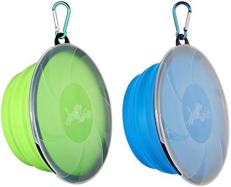 SLSON 2 Stück Hundenäpfe Faltbare Reiseschale, auslaufsichere Hundenapf mit Deckel und Haken Tragbare Silikon Trinkschale für Katzen,Hunde Wanderungen and Camping (1000ML, Blau und