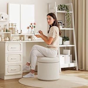 Round ottoman with storage ottoman foot rest boucle small ottoman foot stool vanity stool upholstered sherpa ottoman support 250 lbs for living room bedroom white  urban country home decor