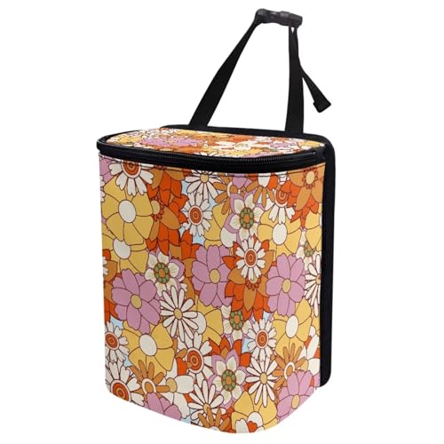 Image of Colorful Hippie Flower Car Trash Bin Bag with Lid,Cottagecore Floral Hanging Auto Garbage Can Waste Storage Bag Universal Fit Most Vehicle Truck SUV Road Trip，Picnic