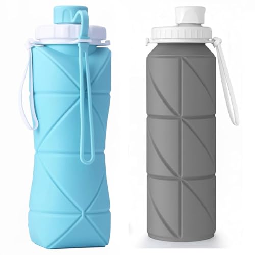 Image of 600ml Folding Silicone Water Bottle for Travel, Gym, Hiking, Camping with Leak-Proof Lid Space-Saving Portable Bottle (Blue & Grey)