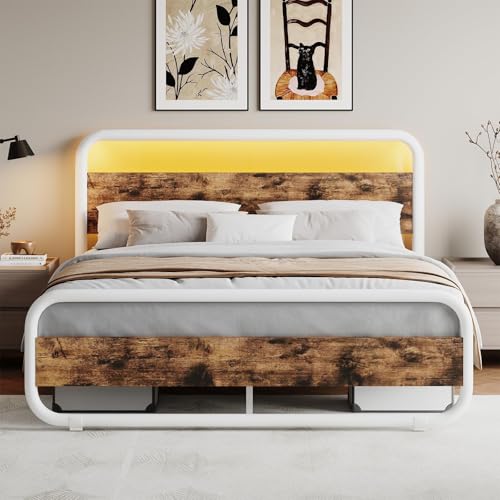 Image of Full Size Bed Frame, Wood Headboard and Footboard, LED Lights, White | Metal Platform with Heavy Duty Metal Slats Support /12 in Under-Bed Storage /Noise-Free /No Box Spring Needed /Easy Assembly