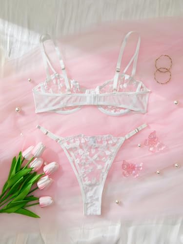 Image of Lilosy Sexy Underwire Cute Push Up Strappy Embroidered Mesh Sheer Lingerie Set See Through Panty Bra