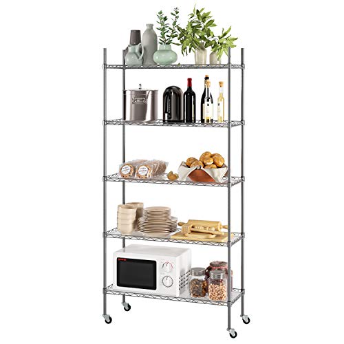 Homfa Estantería Metálica Estantería Almacenaje con Ruedas de 5 Estantes con Baldas Ajustables para Baño Cocina Dormitorio Salón Plata 184x89x34cm