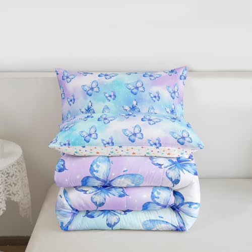 Image of Erosebridal Pink Blue Butterfly Bedding Twin,Watercolor 3D Printed Comforter Set Purple Colorful Rainbow Bed Sets Fantasy Dreamy Princess Duvet Insert 2 Pieces