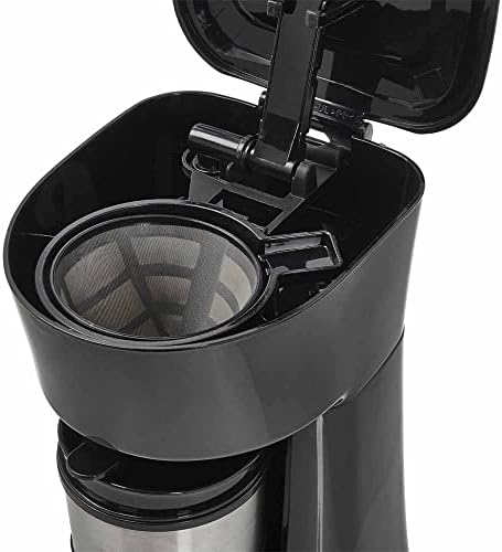 wilko coffee on the go, insulated stainless steel black colour coffee flask with re usable filter, 27.8cm h x 16.6cm w x 18.4cm d