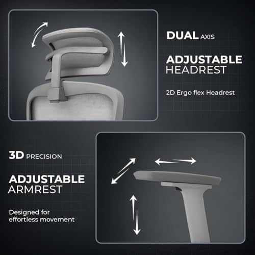 Image of Kepler Brooks Imperia Elite Office Chair for Work | 3-Year Warranty | Ergonomic Office Chair, Study Chair for Home, 2D Headrest, 3D Armrest, Multi Lock Seat Slider Mechanism, Aluminium Base (Grey)