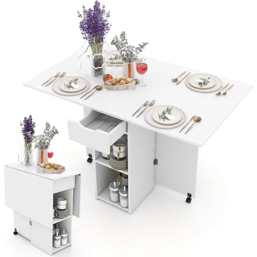 Shally Dogan Tavolo da Pranzo Pieghevole Salvaspazio con Ruote, Scrivania Richiudibile con 2 Ripiani e 1 Cassetto, Design Moderno Multiuso Ideale per Casa, Ufficio, 120 x 77 x 75 cm (Bianco)