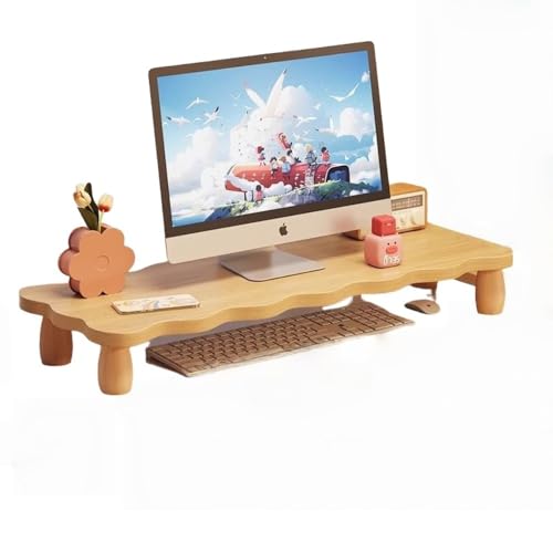 AZIEBAY モニター無垢材トップ本棚デスクトップコンピュータスタンドデスクトップ木目テーブルトップ高さ8cmオフィス収納ラック耐荷重60kg (雲型オリジナルの木目調,70*20)