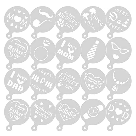 Plantillas para decoración de pasteles para el día de la madre, 20 plantillas reutilizables para galletas, moldes de pintura de café glaseado real para el día del padre, fiesta, postres, manualidades